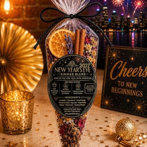 May include: A clear cone-shaped bag filled with dried orange slices, cinnamon sticks, lavender, and various botanicals. A black label reads 2027 NEW YEAR'S EVE SIMMER BLEND, RING IN THE NEW YEAR WITH INTENTION, INSTRUCTIONS, INGREDIENTS, and AROMATIC USE ONLY.