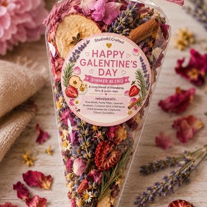 May include: A clear cone-shaped bag filled with a potpourri simmer blend of dried rose petals, lavender, rosemary, cinnamon sticks, dried apple slices, and strawberries. A round label reads: StudioKCCrafted HAPPY GALENTINE'S DAY SIMMER BLEND.