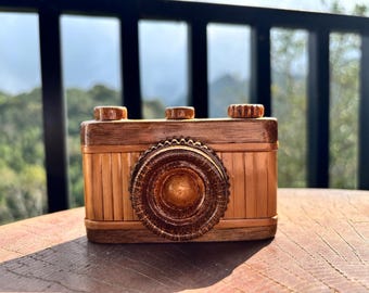 Miniature Wooden Camera Decor – Handmade Rustic Desk Decoration, Gift for Photographer