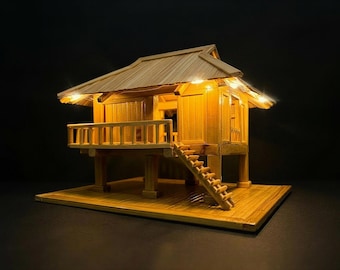 Miniature Bamboo Stilt House – Handmade Rustic Village Decor with Optional LED Light