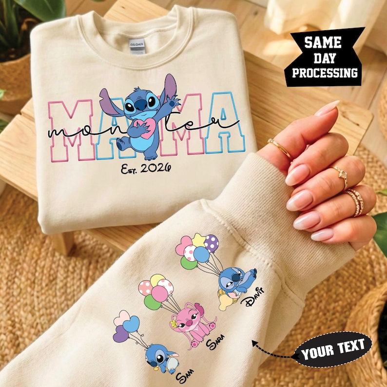 Sudadera de Stitch Lilo, suéter del Día de la Madre, sudadera de Stitch para mamá, suéter de vacaciones familiares, suéter para amantes de Disney, suéter a juego de Disney Sand/Natural