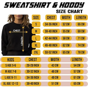 Puede incluir: Sudadera negra con una tabla de tallas. La tabla incluye medidas de pecho, ancho y largo en pulgadas y cent&iacute;metros para tallas de adulto y ni&ntilde;o. El texto "SWEATSHIRT & HODDY" est&aacute; en la parte superior.