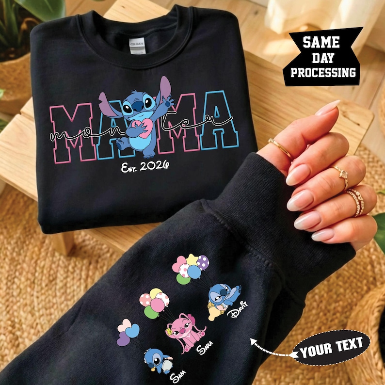 Sudadera de Stitch Lilo, suéter del Día de la Madre, sudadera de Stitch para mamá, suéter de vacaciones familiares, suéter para amantes de Disney, suéter a juego de Disney Black