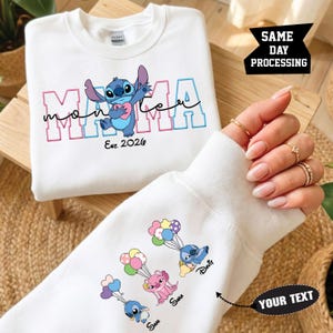 Sudadera de Stitch Lilo, suéter del Día de la Madre, sudadera de Stitch para mamá, suéter de vacaciones familiares, suéter para amantes de Disney, suéter a juego de Disney White