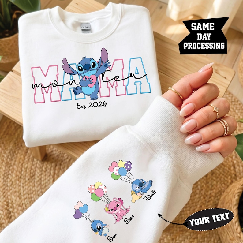 Sudadera de Stitch Lilo, suéter del Día de la Madre, sudadera de Stitch para mamá, suéter de vacaciones familiares, suéter para amantes de Disney, suéter a juego de Disney White