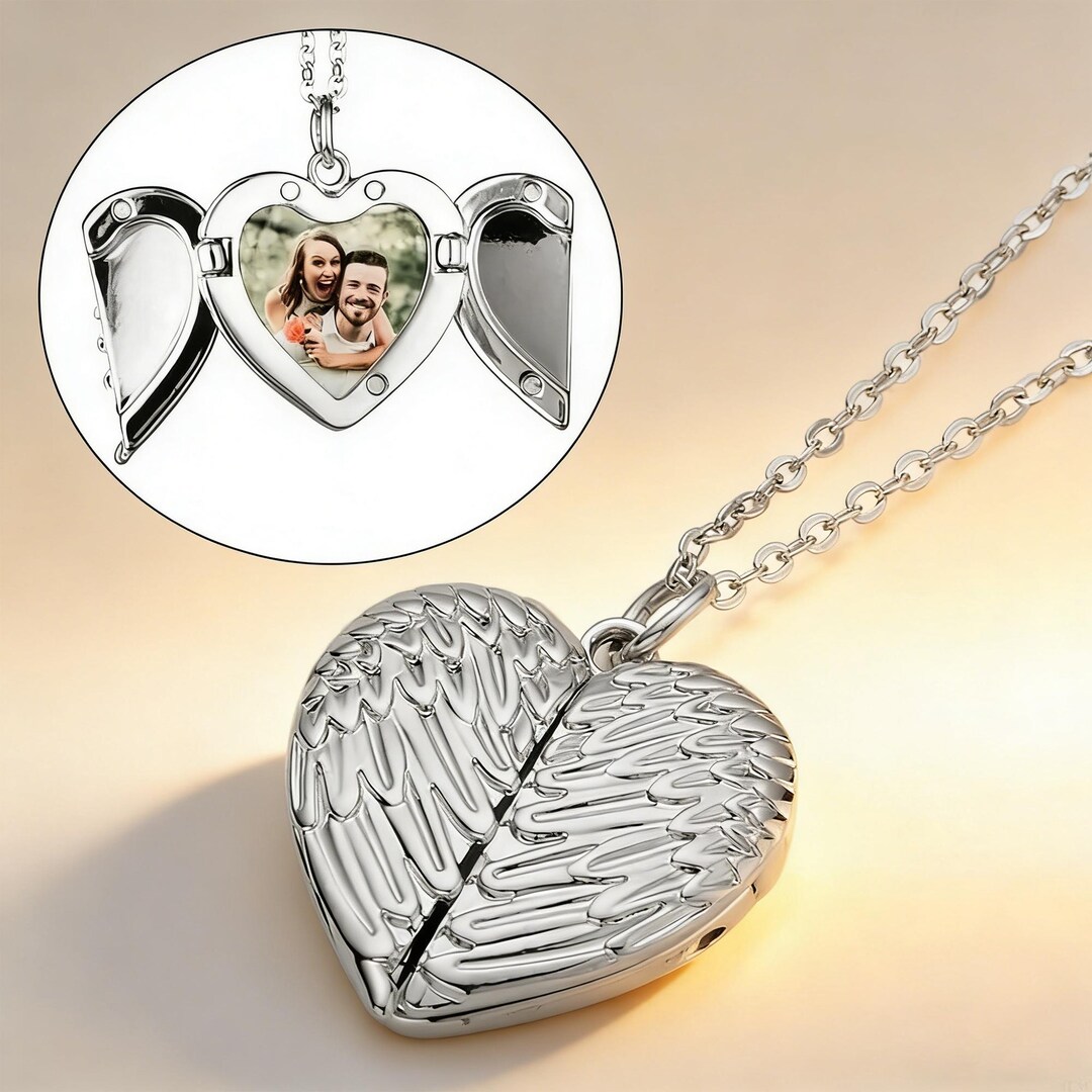 Personalized Photo Locket Necklace Angle Wing Pendant – Custom Text ...