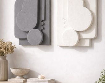 Set of 2 Textured Plaster Wall Sculptures, Modern Monochrome Art