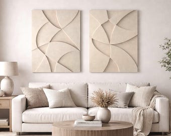 Set of 2 Plaster Wall Sculptures | Textured Abstract Neutral Modern Art Above Sofa