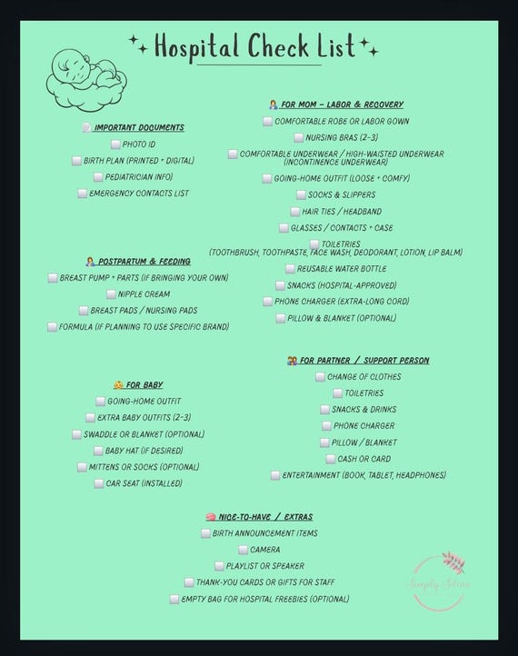 Mom & Baby Hospital Checklist- Green Color