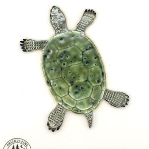 May include: A ceramic turtle figurine with a green, textured shell and four detailed flipper-like legs. The turtle has a light green head and a dark green shell with black spots. The Prickly Pine Pottery logo is in the lower left corner.