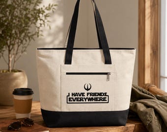 Zippered Everyday Canvas Tote Bag with Front Pocket, Friends Everywhere Graphic Gift Bag