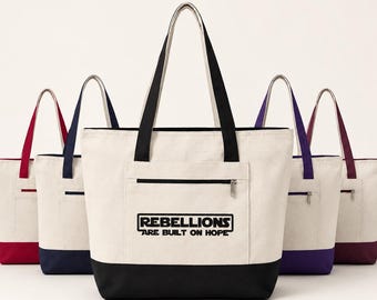 Zippered Everyday Canvas Tote Bag with Front Pocket, Rebellions are Built on Hope