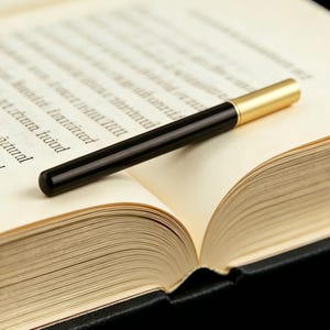 May include: A black pen with a gold-colored cap rests on the open pages of a book. The book's pages are cream-colored, and the text is printed in black. The pen is centered on the book, suggesting a focus on writing or reading.