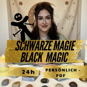 Può includere: Una donna sorride davanti a uno sfondo con una luna crescente e stelle. Il testo "SCHWARZE MAGIE BLACK MAGIC" è visualizzato in oro. Sotto, i testi "24h" e "PERSÖNLICH - PDF" sono visibili.