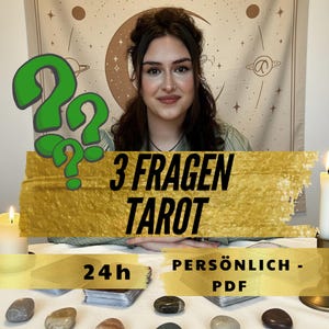 May include: A woman smiles in front of a gold banner with the words "3 Fragen Tarot." Green question marks are on the left. The banner also includes the words "24h" and "Persönlich - PDF."