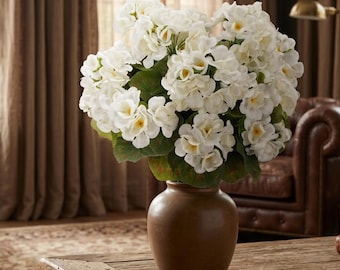 4 białe kwiaty geranium z jedwabiu, sztuczne kwiaty odporne na promieniowanie UV, dekoracja wnętrz