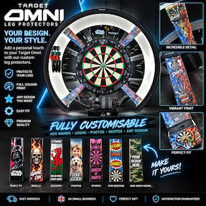 Op de afbeelding: Een Target Omni dartbordomranding met aanpasbare pootbeschermers met diverse grafische prints, waaronder schedels, vlaggen en stripboektekst. Het ronde dartbord is verlicht met een witte lichtring en toont het Star Wars-logo.