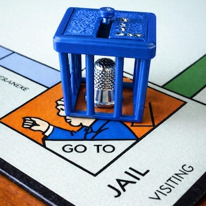 Pu&ograve; includere: Un pezzo del gioco in plastica blu a forma di cella di prigione con un ditale d'argento all'interno, posto su un tabellone di gioco del Monopoli. Il tabellone mostra la casella "Vai in prigione".