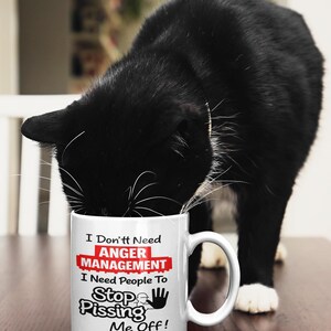 Può includere: Una tazza di ceramica bianca con la scritta "I Don't Need Anger Management, I Need People To Stop Pissing Me Off!". Un gatto nero è appoggiato sulla tazza. La tazza ha un manico bianco e si trova su una superficie marrone.