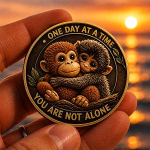 Peut inclure: Un médaillon rond aux tons bronze présentant un relief de deux petits singes s'enlaçant sur une branche. Le texte "ONE DAY AT A TIME" est arqué en haut et "YOU ARE NOT ALONE" est arqué en bas en lettres dorées.