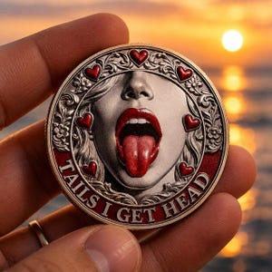 Puede incluir: Una moneda redonda de color plateado con un borde rojo y dorado. La moneda presenta el rostro de una mujer con lápiz labial rojo y la lengua afuera. El texto "TAILS I GET HEAD" está alrededor del borde de la moneda.