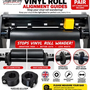 Può includere: Una coppia di guide di allineamento per rotoli di vinile nere stampate in 3D per una barra con diametro interno di 28,5 mm. Queste guide dal design diviso con fissaggi M3 impediscono il movimento laterale dei rotoli sulla macchina da taglio.