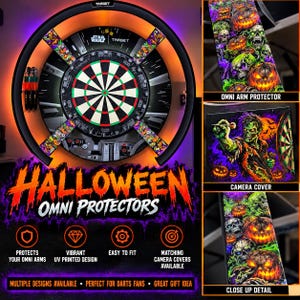May include: A circular dartboard surround featuring a Star Wars theme with orange LED lighting. The surround includes Halloween-themed Omni arm protectors decorated with glowing jack-o'-lanterns and skulls, plus a matching camera cover.