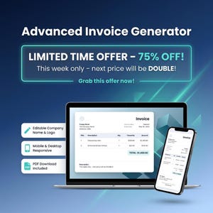 Może przedstawiać: Obraz promocyjny zaawansowanego generatora faktur. Obraz przedstawia laptopa i smartfona wyświetlające szablony faktur. Tekst zawiera "OFERTA LIMITOWANA - 75% ZNIŻKI!" oraz "Edytowalna nazwa i logo firmy."