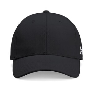 May include: A solid black baseball cap with a structured crown and a curved brim. The cap features a small white Under Armour logo on the left side panel. The design includes a button at the top centre and stitched detailing along the brim.