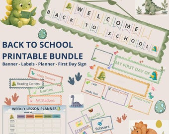 Dinosaur Back to School Printable Bundle, Welcome Banner, Labels, First Day Sign (Digital Download), Dino Classroom Decor