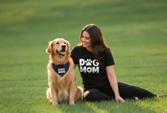 Mother's Day Gift Dog Mom Set Black Dog Mon T Shirt - white paw print graphic, Soft Airlume Cotton, Gift for New Dog Owner