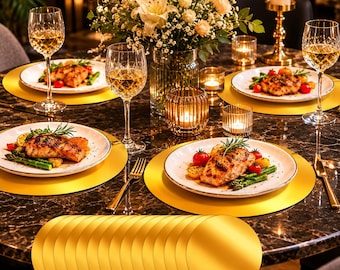 Gold Disposable Placemats 13 Inch, Round Paper Charger Plates, Wedding Table Decor, Party Table Mats, Gold Dinner Placemats Set