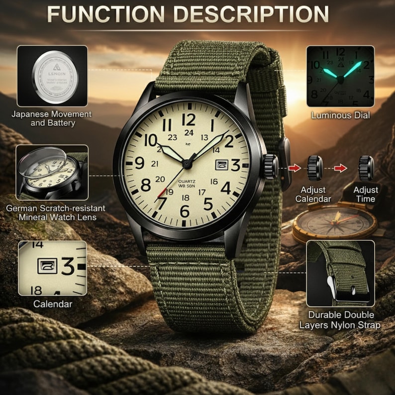 May include: A military-style watch with a cream-colored face, black numerals, and a green nylon strap. The watch features a luminous dial, calendar function, and is water-resistant. The watch face is approximately 1.7 inches in diameter.