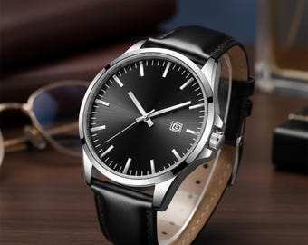 Men's Minimalist Leather Watch, Classic Quartz Analog with Date
