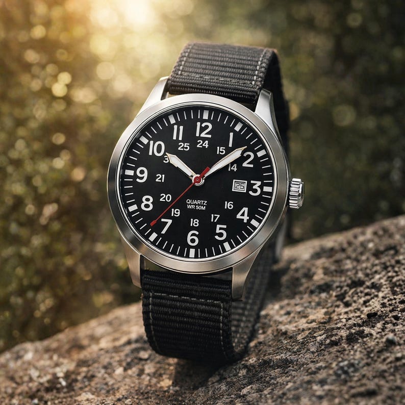 May include: A black analog watch with a silver case and a black nylon strap. The watch face has white numerals and hands, with a red second hand. The watch is displayed on a textured, gray surface.