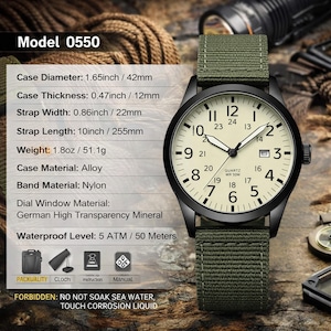 May include: Black analog watch with a green nylon strap. The watch face is cream-colored with black numerals and hands. The case diameter is 1.65 inches (42mm), and the strap length is 10 inches (255mm). The watch is waterproof up to 5 ATM / 50 meters.