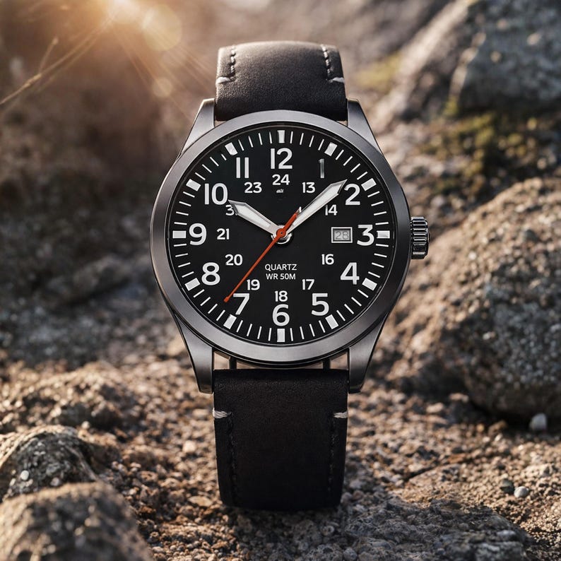 May include: A black analog watch with a black leather strap. The watch face is black with white numerals and hands, and a red second hand. The watch has a date display at the 3 o'clock position. The watch is on a rocky surface.