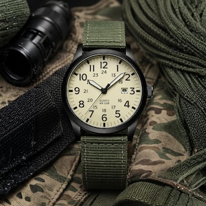 May include: A black wristwatch with a cream-colored face and green nylon band. The watch face features black numerals and hands, with a second hand. The watch is set against a camouflage background.