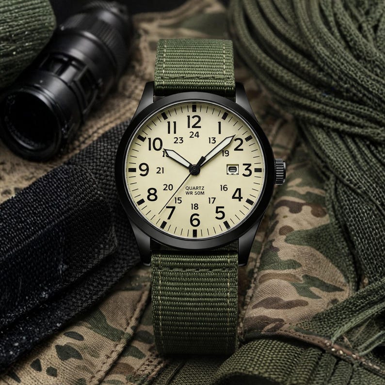 May include: A black wristwatch with a cream-colored face and green nylon band. The watch face features black numerals and hands, with a second hand. The watch is set against a camouflage background.