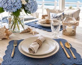Quilted Cotton Placemats Set of 6, Blue Scalloped Table Mats, Washable Farmhouse Dining Decor, Kitchen Table Placemats