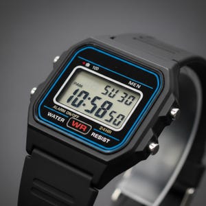 May include: Black digital watch with a rectangular face and a black strap. The watch face displays the time, date, and other functions. The watch has a blue and white border around the digital display. The watch is water resistant.