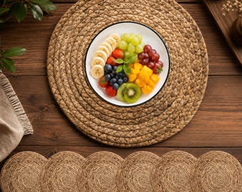 Set mit 6 gewebten Rattan-Tischsets, runde 33,5-Zoll-Wasserhyazinthenmatten für Esstisch, Boho-Innendekoration