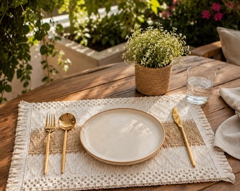 Boho Placemats Set of 6, Macrame Table Decor, Farmhouse Cotton Burlap Placemats for Dining, Kitchen, Centerpiece, Beige Brown
