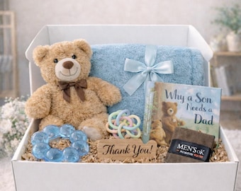 Fathers Day Cuddle Box Gift Set | Plush Teddy Bear, 'Why A Son Needs A Dad' Storybook, Soft Blanket