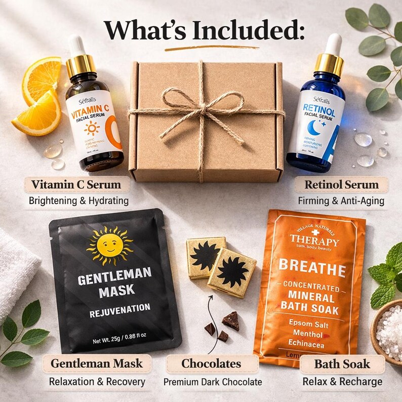 Men's Skincare Self-Care Box, Vitamin C Serum, Retinol Serum, Bath Soak image 2