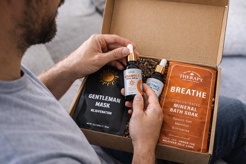 May include: A gift box containing skincare products. The box includes a black face mask labeled "Gentleman Mask", two serum bottles, and a packet of "Breathe" mineral bath soak. The Vitamin C and Retinol serum bottles have gold accents.