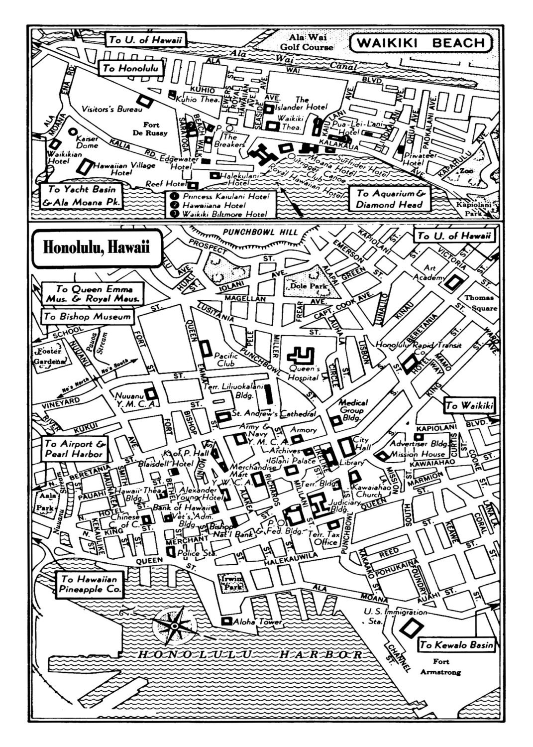 1949 Vintage Map of Downtown Honolulu Hawaii 11x17 Print Etsy