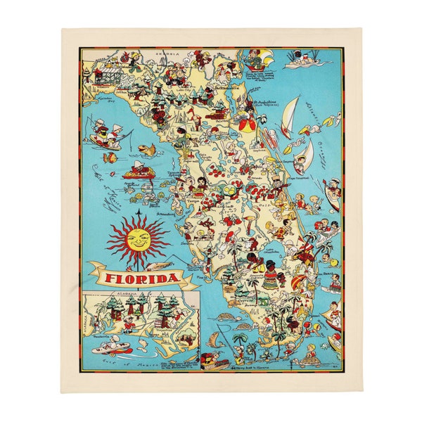 Florida - Blanket - Throw Blanket - Map - Cartoon - Pictorial - Vintage