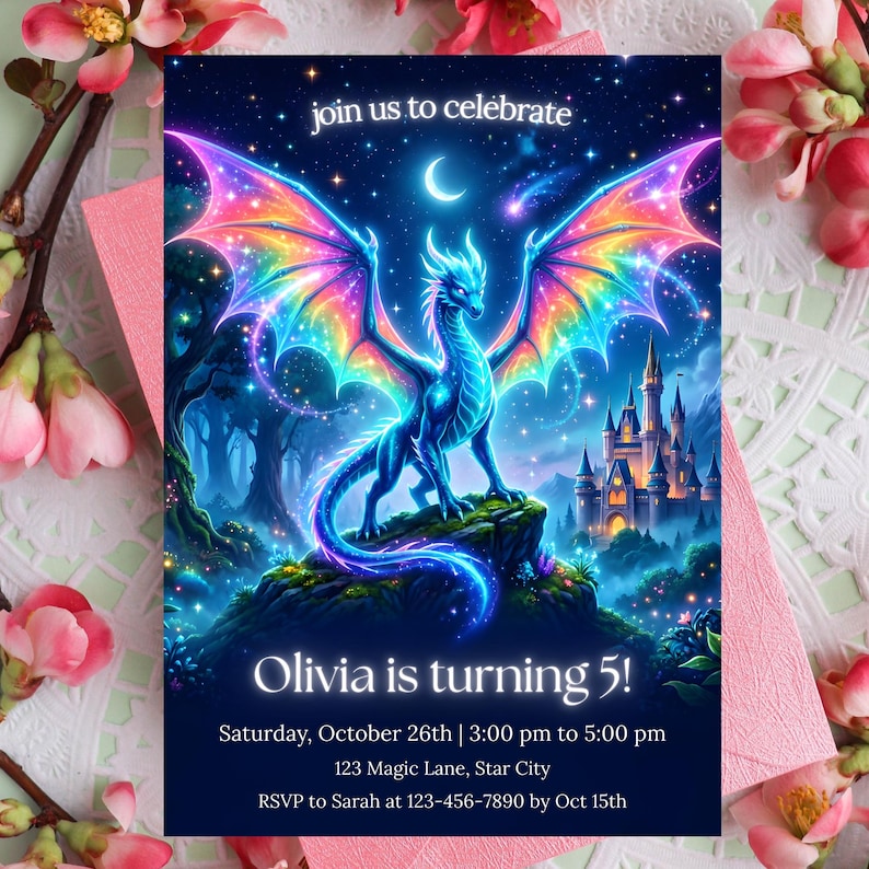 Puede incluir: Tarjeta de invitaci&oacute;n de tem&aacute;tica fant&aacute;stica con un drag&oacute;n azul, alas de arco&iacute;ris y un castillo. El texto dice "join us to celebrate" y "Olivia is turning 5!". El fondo es un cielo nocturno azul oscuro.