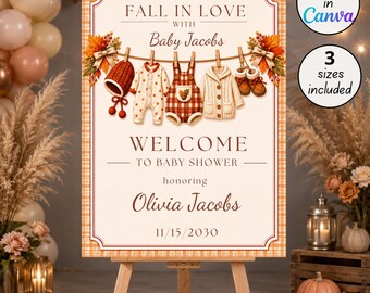 Fall in Love ベビーシャワー ウェルカムサイン、洗濯物干し ベビーシャワー、編集可能な Canva テンプレート、デジタルダウンロード